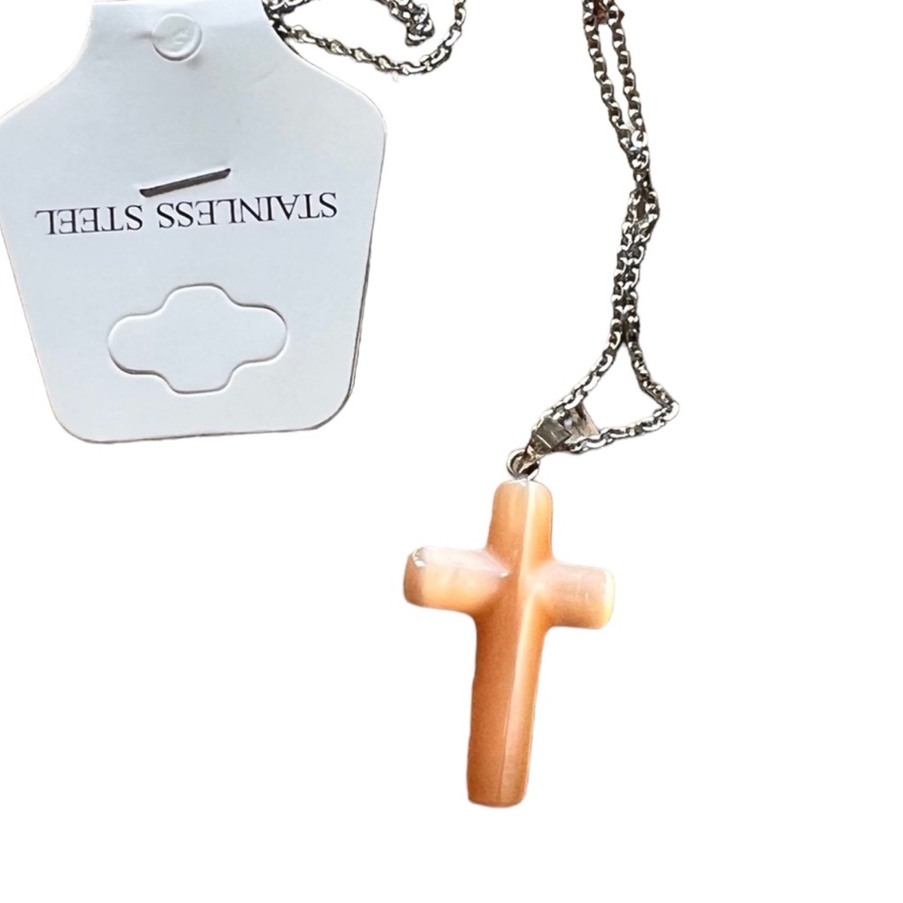 Cats Eye Stone Cross Stainless Steel Necklace Hand Carved